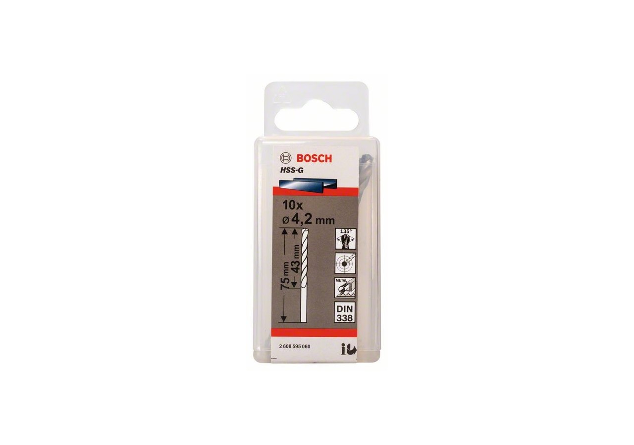 Forets à métaux rectifiés HSS-G, DIN 338 4,2 x 43 x 75 mm Pack de 10 - 2608595060 - Bosch