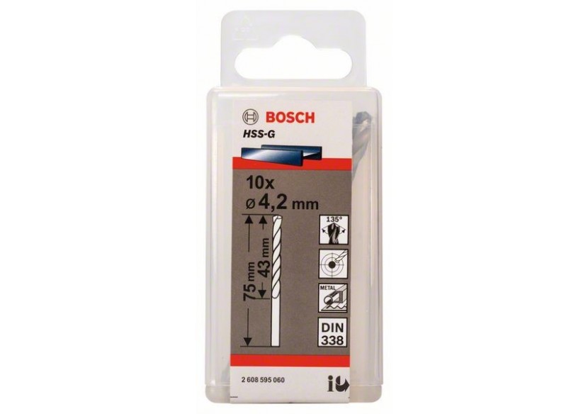 Forets à métaux rectifiés HSS-G, DIN 338 4,2 x 43 x 75 mm Pack de 10 - 2608595060 - Bosch