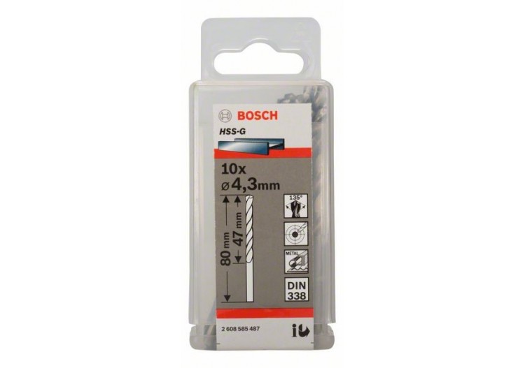 Forets à métaux rectifiés HSS-G, DIN 338 4,3 x 47 x 80 mm Pack de 10 - 2608585487 - Bosch