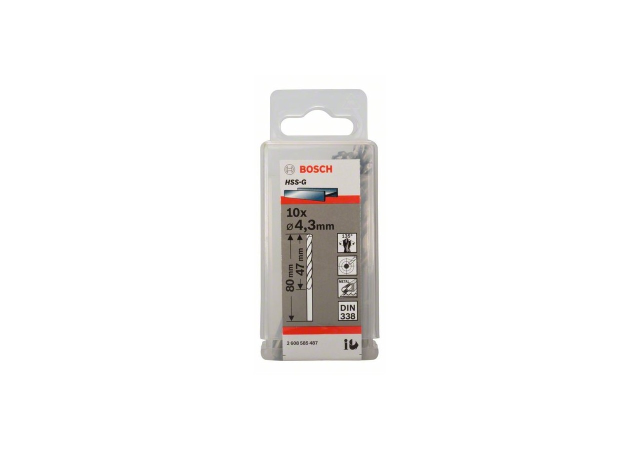 Forets à métaux rectifiés HSS-G, DIN 338 4,3 x 47 x 80 mm Pack de 10 - 2608585487 - Bosch