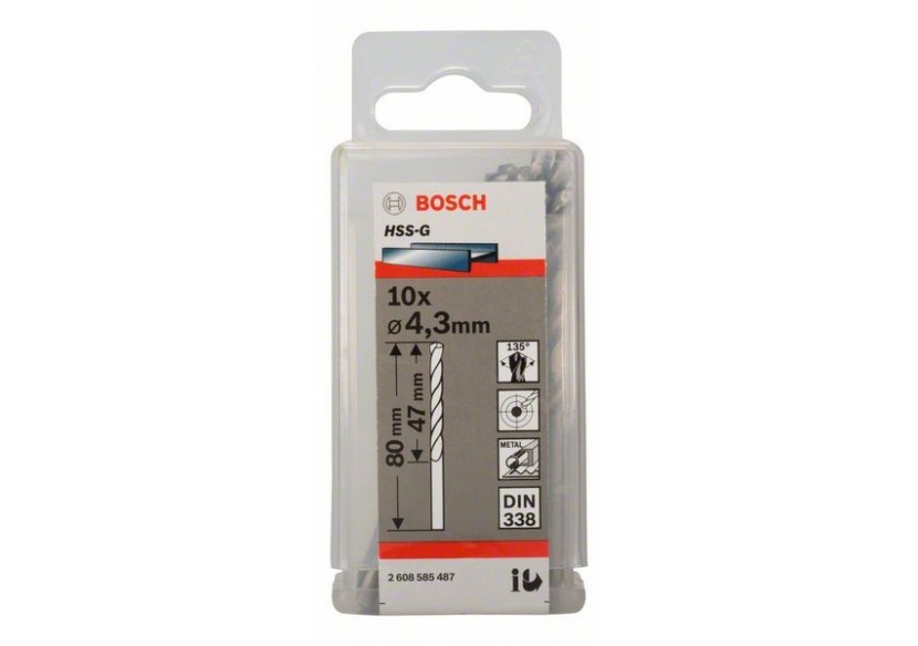 Forets à métaux rectifiés HSS-G, DIN 338 4,3 x 47 x 80 mm Pack de 10 - 2608585487 - Bosch