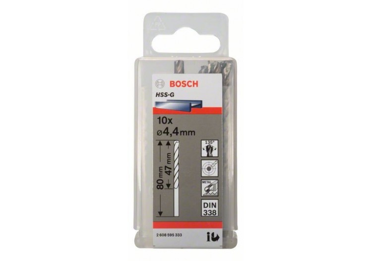 Forets à métaux rectifiés HSS-G, DIN 338 4,4 x 47 x 80 mm Pack de 10 - 2608595333 - Bosch
