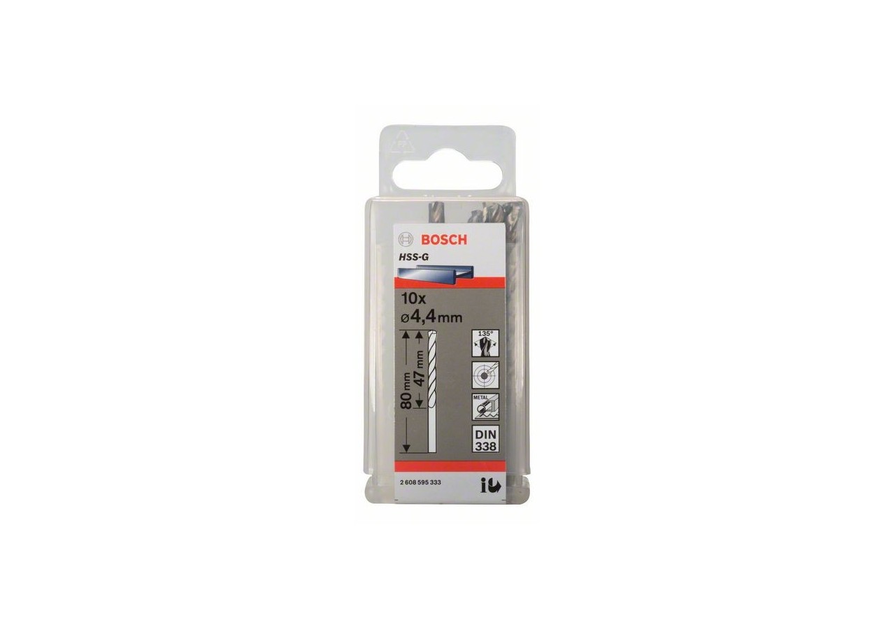 Forets à métaux rectifiés HSS-G, DIN 338 4,4 x 47 x 80 mm Pack de 10 - 2608595333 - Bosch