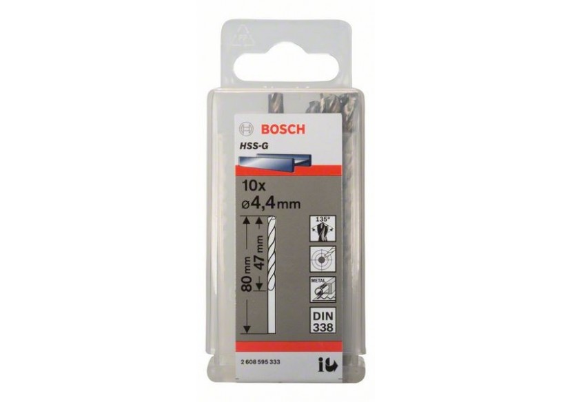 Forets à métaux rectifiés HSS-G, DIN 338 4,4 x 47 x 80 mm Pack de 10 - 2608595333 - Bosch