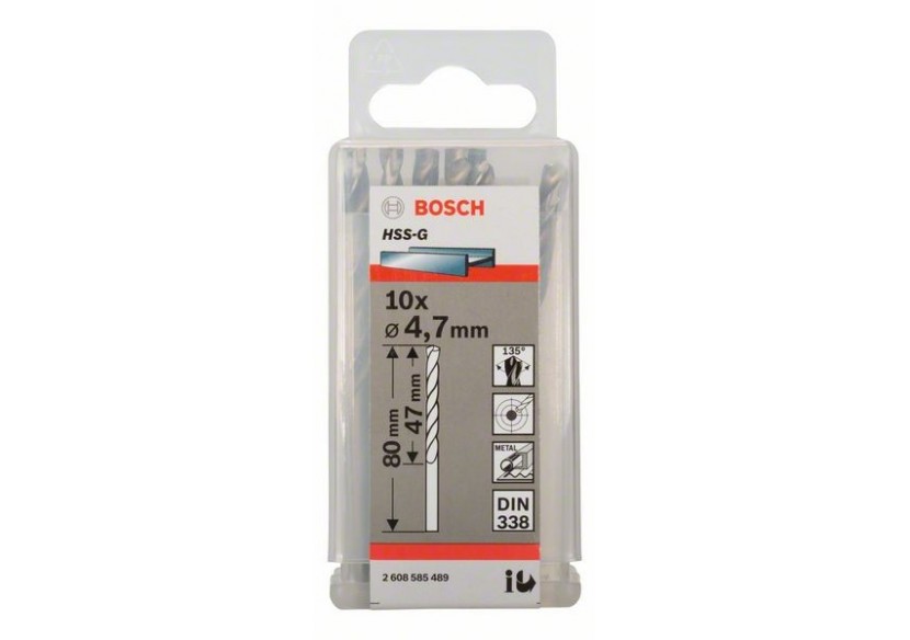 Forets à métaux rectifiés HSS-G, DIN 338 4,7 x 47 x 80 mm Pack de 10 - 2608585489 - Bosch