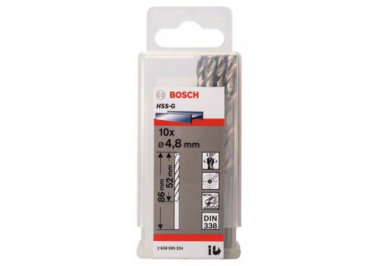 Forets à métaux rectifiés HSS-G, DIN 338 4,8 x 52 x 83 mm Pack de 10 - 2608595334 - Bosch