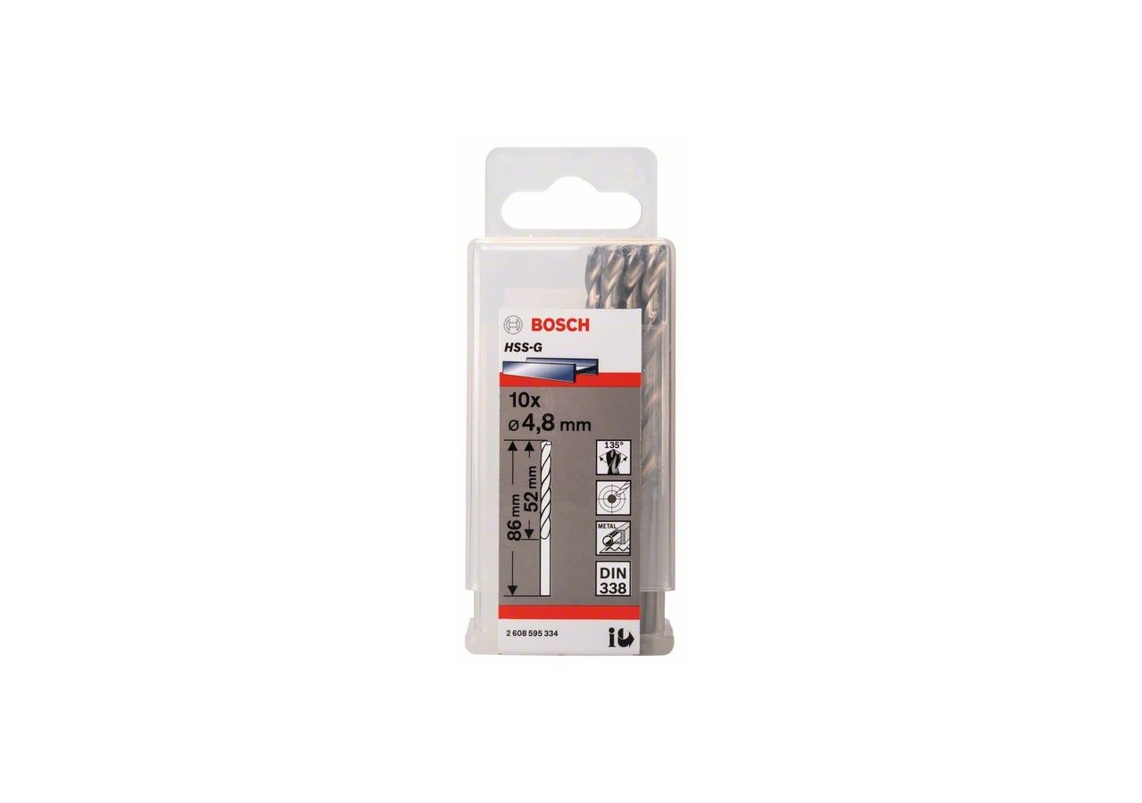 Forets à métaux rectifiés HSS-G, DIN 338 4,8 x 52 x 83 mm Pack de 10 - 2608595334 - Bosch