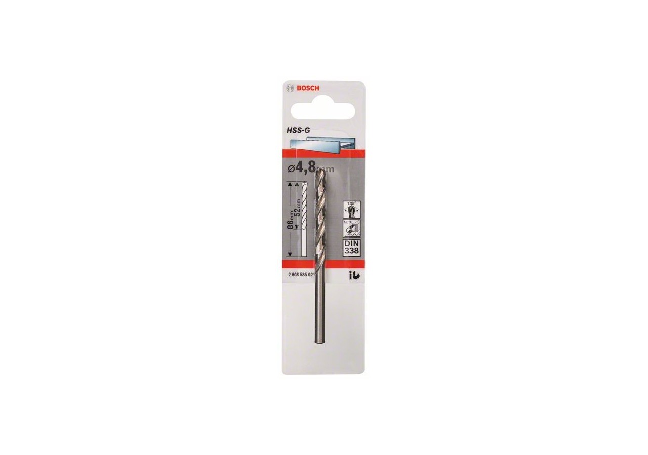 Forets à métaux rectifiés HSS-G, DIN 338 4,8 x 52 x 86 mm Pack de 1 - 2608585921 - Bosch