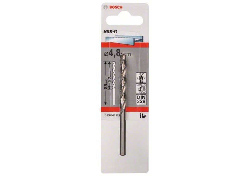 Forets à métaux rectifiés HSS-G, DIN 338 4,8 x 52 x 86 mm Pack de 1 - 2608585921 - Bosch