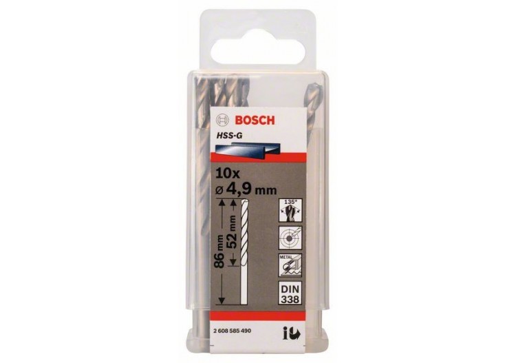 Forets à métaux rectifiés HSS-G, DIN 338 4,9 x 52 x 86 mm Pack de 10 - 2608585490 - Bosch