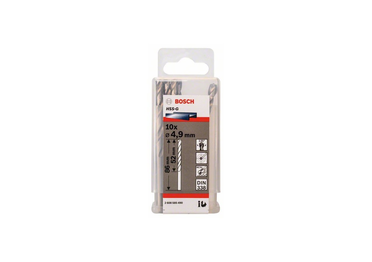 Forets à métaux rectifiés HSS-G, DIN 338 4,9 x 52 x 86 mm Pack de 10 - 2608585490 - Bosch