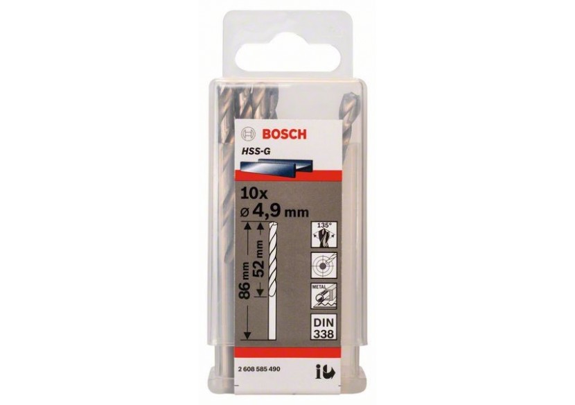 Forets à métaux rectifiés HSS-G, DIN 338 4,9 x 52 x 86 mm Pack de 10 - 2608585490 - Bosch