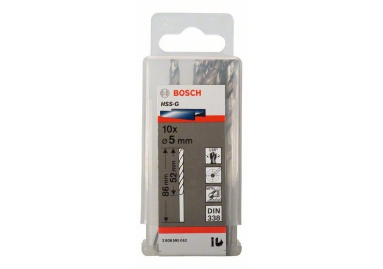 Forets à métaux rectifiés HSS-G, DIN 338 5 x 52 x 86 mm Pack de 10 - 2608595062 - Bosch