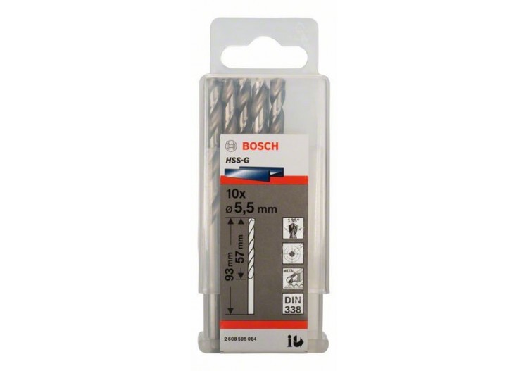 Forets à métaux rectifiés HSS-G, DIN 338 5,5 x 57 x 93 mm Pack de 10 - 2608595064 - Bosch