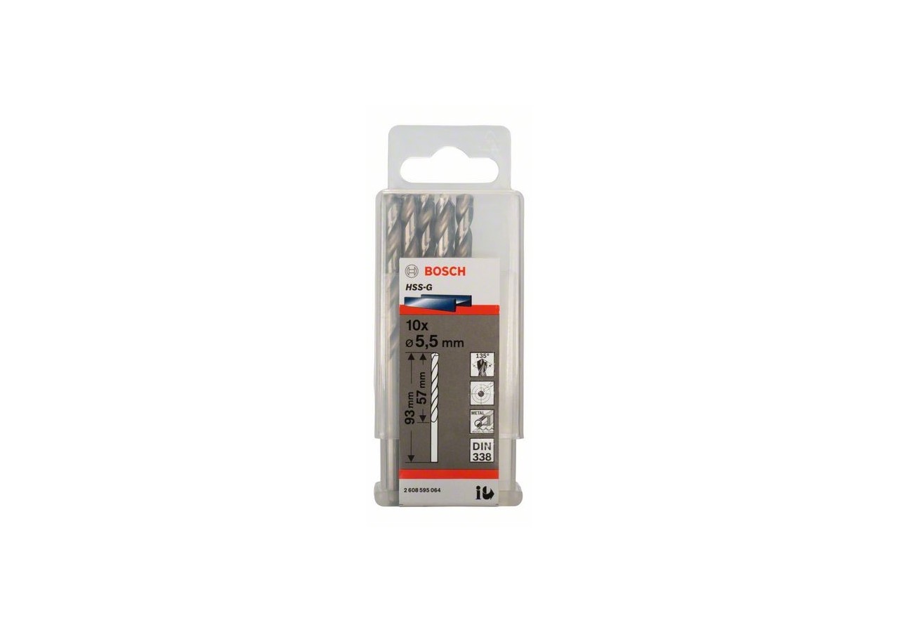 Forets à métaux rectifiés HSS-G, DIN 338 5,5 x 57 x 93 mm Pack de 10 - 2608595064 - Bosch