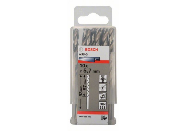 Forets à métaux rectifiés HSS-G, DIN 338 5,7 x 57 x 93 mm Pack de 10 - 2608585495 - Bosch
