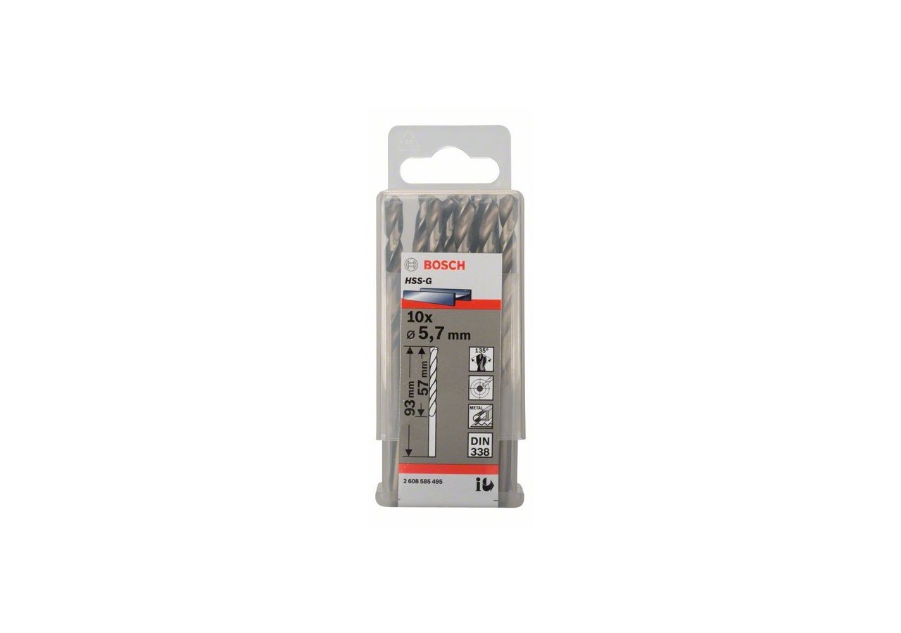 Forets à métaux rectifiés HSS-G, DIN 338 5,7 x 57 x 93 mm Pack de 10 - 2608585495 - Bosch