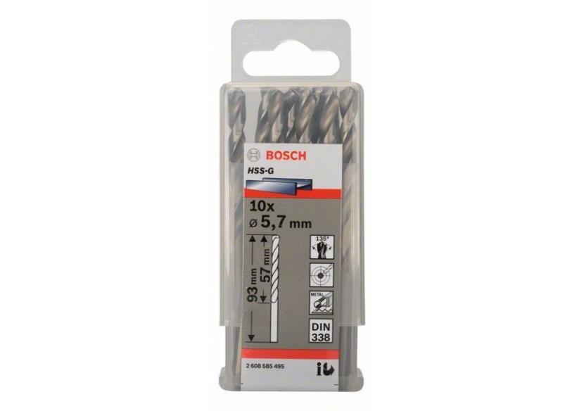 Forets à métaux rectifiés HSS-G, DIN 338 5,7 x 57 x 93 mm Pack de 10 - 2608585495 - Bosch