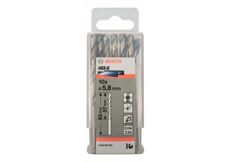 Forets à métaux rectifiés HSS-G, DIN 338 5,8 x 57 x 83 mm Pack de 10 - 2608595065 - Bosch