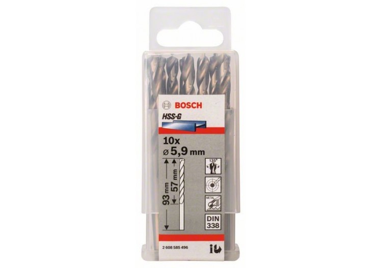 Forets à métaux rectifiés HSS-G, DIN 338 5,9 x 57 x 93 mm Pack de 10 - 2608585496 - Bosch