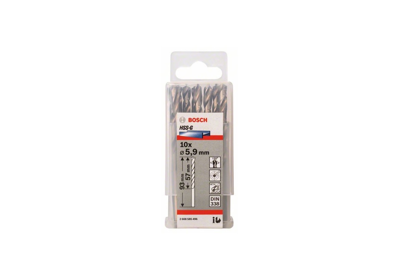 Forets à métaux rectifiés HSS-G, DIN 338 5,9 x 57 x 93 mm Pack de 10 - 2608585496 - Bosch