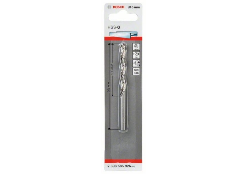 Forets à métaux rectifiés HSS-G, DIN 338 6 x 57 x 93 mm Pack de 1 - 2608585926 - Bosch Forets à métaux rectifiés HSS-G, DIN 338 6 x 57 x 93 mm Pack de 1 - 2608585926 - Bosch