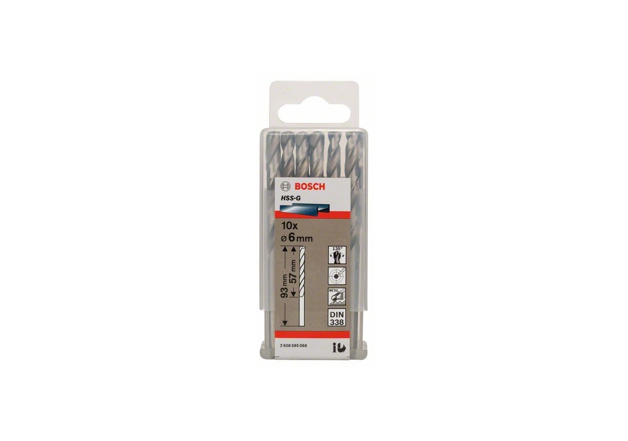 Forets à métaux rectifiés HSS-G, DIN 338 6 x 57 x 93 mm Pack de 10 - 2608595066 - Bosch