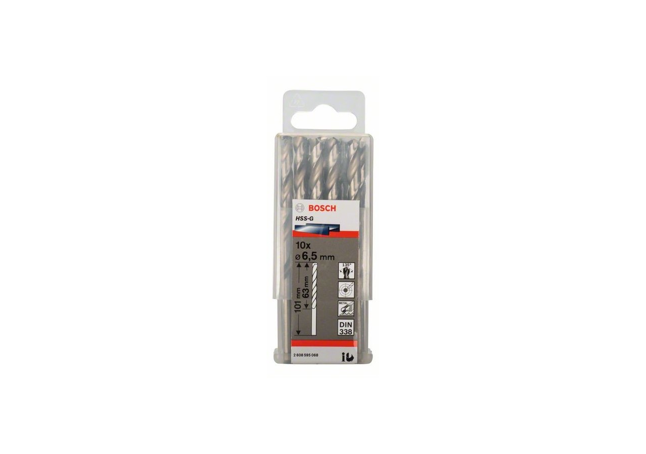 Forets à métaux rectifiés HSS-G, DIN 338 6,5 x 63 x 101 mm Pack de 10 - 2608595068 - Bosch