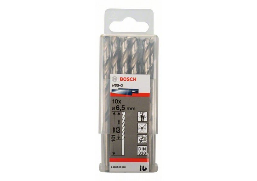 Forets à métaux rectifiés HSS-G, DIN 338 6,5 x 63 x 101 mm Pack de 10 - 2608595068 - Bosch Forets à métaux rectifiés HSS-G, DIN 338 6,5 x 63 x 101 mm Pack de 10 - 2608595068 - Bosch