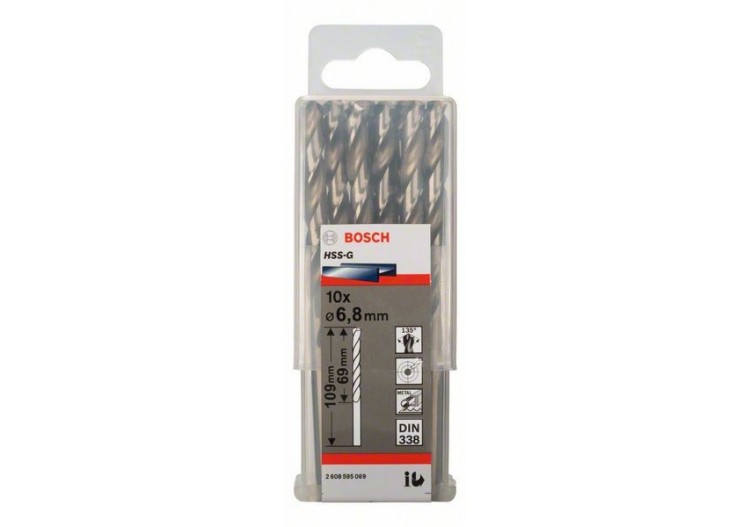 Forets à métaux rectifiés HSS-G, DIN 338 6,8 x 69 x 109 mm Pack de 10 - 2608595069 - Bosch