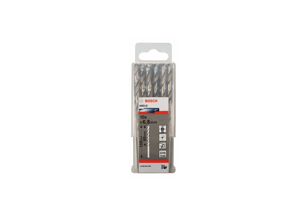 Forets à métaux rectifiés HSS-G, DIN 338 6,8 x 69 x 109 mm Pack de 10 - 2608595069 - Bosch