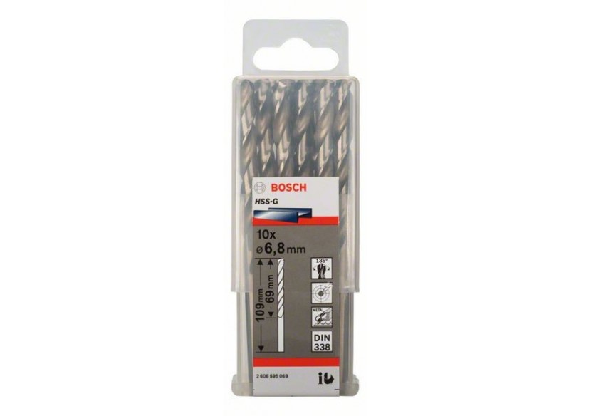 Forets à métaux rectifiés HSS-G, DIN 338 6,8 x 69 x 109 mm Pack de 10 - 2608595069 - Bosch Forets à métaux rectifiés HSS-G, DIN 338 6,8 x 69 x 109 mm Pack de 10 - 2608595069 - Bosch