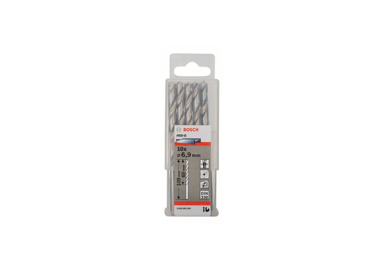 Forets à métaux rectifiés HSS-G, DIN 338 6,9 x 69 x 109 mm Pack de 10 - 2608585500 - Bosch