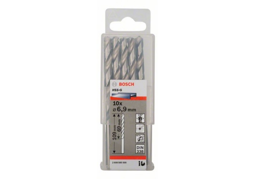 Forets à métaux rectifiés HSS-G, DIN 338 6,9 x 69 x 109 mm Pack de 10 - 2608585500 - Bosch Forets à métaux rectifiés HSS-G, DIN 338 6,9 x 69 x 109 mm Pack de 10 - 2608585500 - Bosch