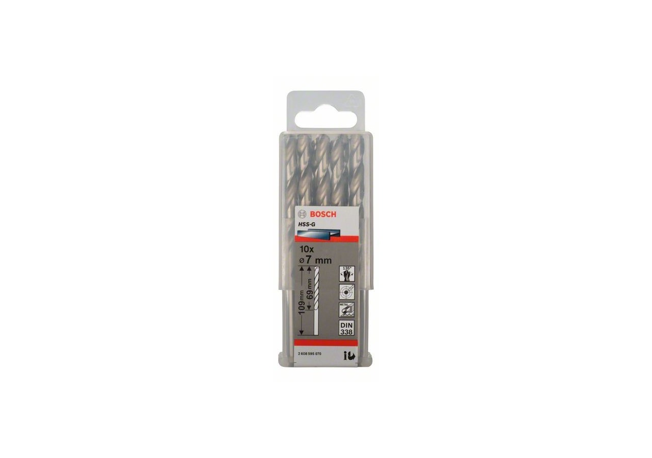 Forets à métaux rectifiés HSS-G, DIN 338 7 x 69 x 109 mm Pack de 10 - 2608595070 - Bosch