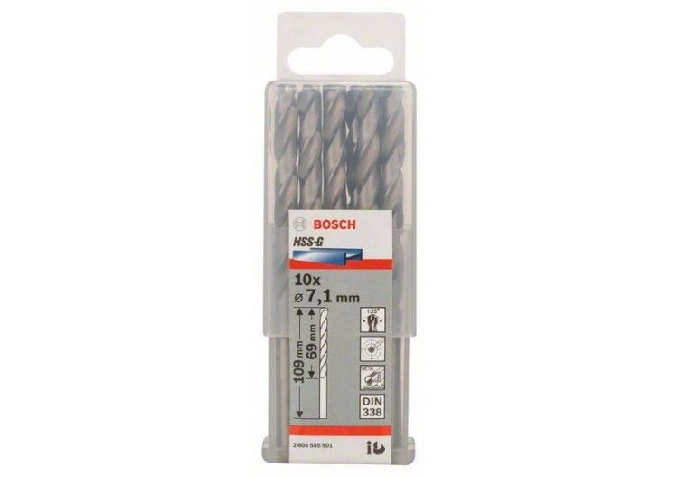 Forets à métaux rectifiés HSS-G, DIN 338 7,1 x 69 x 109 mm Pack de 10 - 2608585501 - Bosch