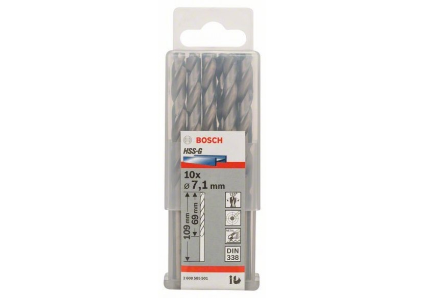 Forets à métaux rectifiés HSS-G, DIN 338 7,1 x 69 x 109 mm Pack de 10 - 2608585501 - Bosch Forets à métaux rectifiés HSS-G, DIN 338 7,1 x 69 x 109 mm Pack de 10 - 2608585501 - Bosch