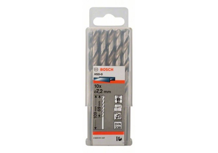 Forets à métaux rectifiés HSS-G, DIN 338 7,2 x 109 x 69 mm Pack de 10 - 2608595337 - Bosch
