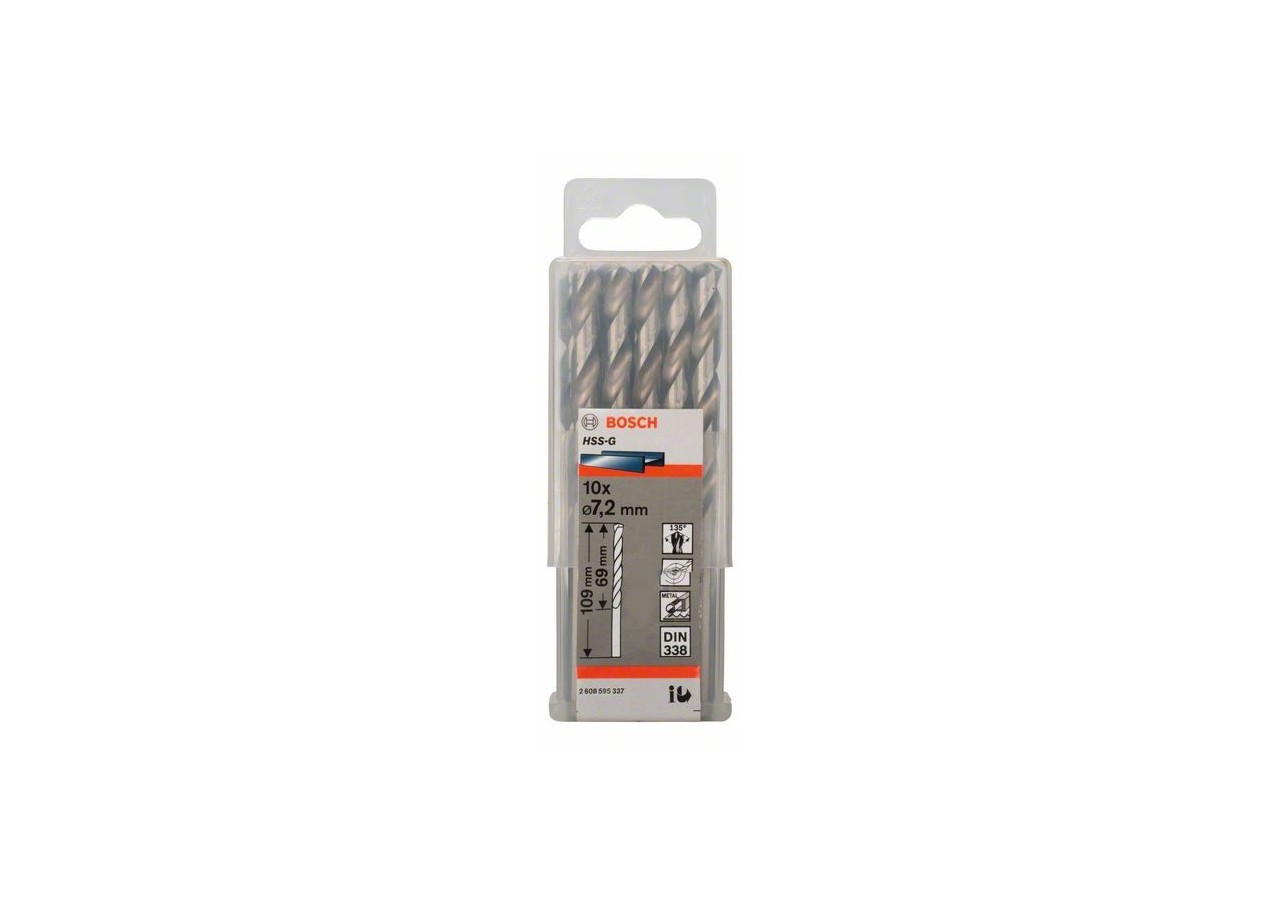 Forets à métaux rectifiés HSS-G, DIN 338 7,2 x 109 x 69 mm Pack de 10 - 2608595337 - Bosch