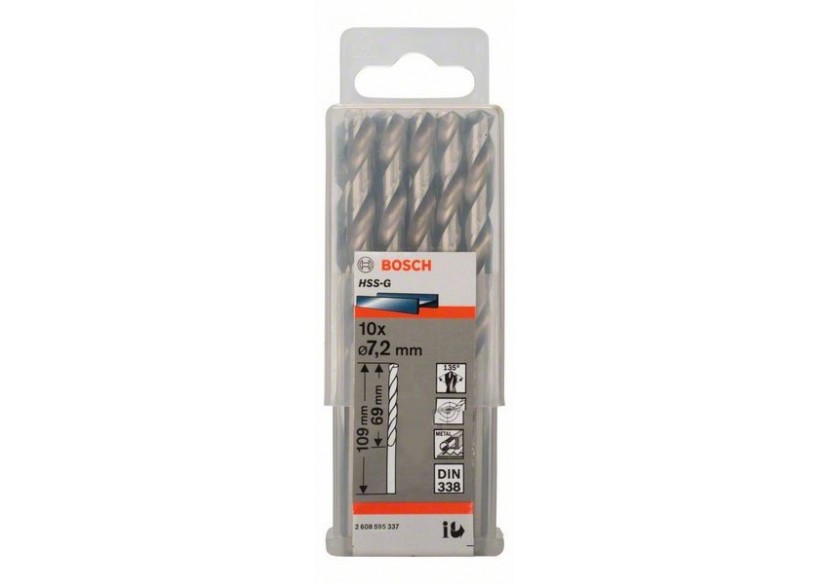 Forets à métaux rectifiés HSS-G, DIN 338 7,2 x 109 x 69 mm Pack de 10 - 2608595337 - Bosch Forets à métaux rectifiés HSS-G, DIN 338 7,2 x 109 x 69 mm Pack de 10 - 2608595337 - Bosch