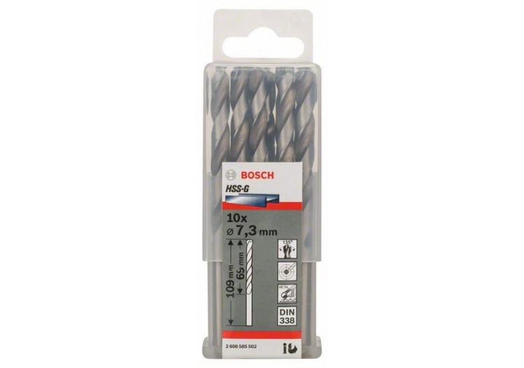 Forets à métaux rectifiés HSS-G, DIN 338 7,3 x 69 x 109 mm Pack de 10 - 2608585502 - Bosch