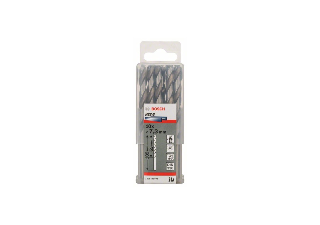 Forets à métaux rectifiés HSS-G, DIN 338 7,3 x 69 x 109 mm Pack de 10 - 2608585502 - Bosch