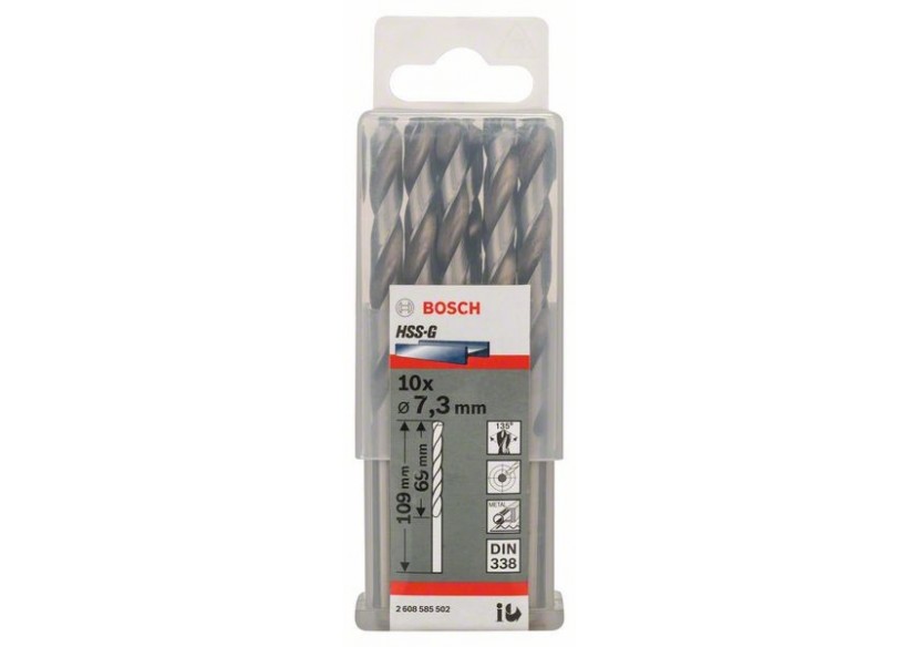 Forets à métaux rectifiés HSS-G, DIN 338 7,3 x 69 x 109 mm Pack de 10 - 2608585502 - Bosch Forets à métaux rectifiés HSS-G, DIN 338 7,3 x 69 x 109 mm Pack de 10 - 2608585502 - Bosch