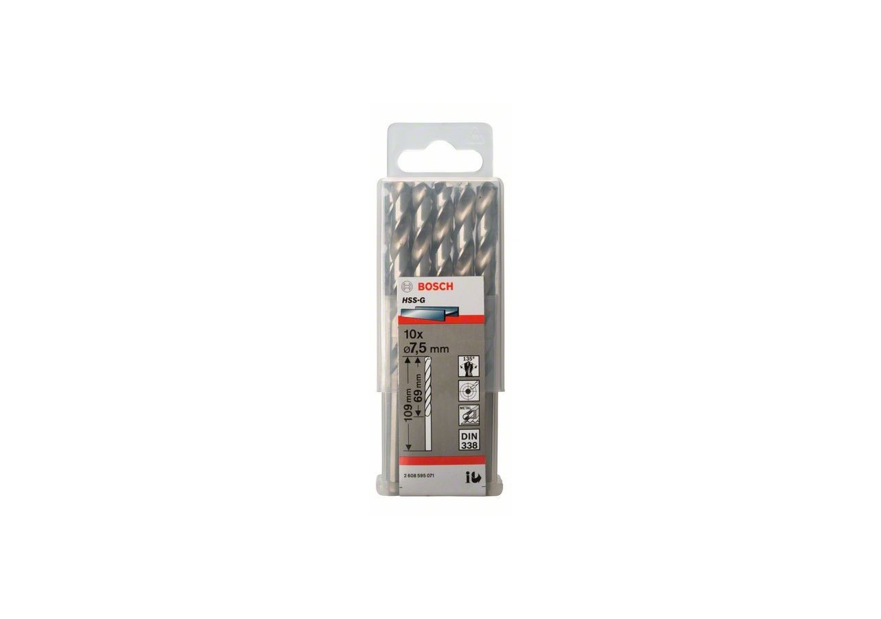 Forets à métaux rectifiés HSS-G, DIN 338 7,5 x 69 x 109 mm Pack de 10 - 2608595071 - Bosch