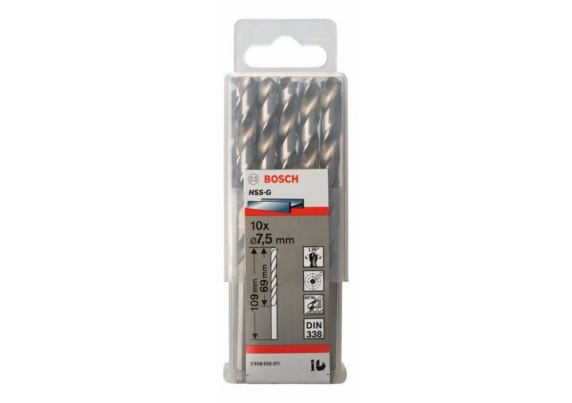 Forets à métaux rectifiés HSS-G, DIN 338 7,5 x 69 x 109 mm Pack de 10 - 2608595071 - Bosch Forets à métaux rectifiés HSS-G, DIN 338 7,5 x 69 x 109 mm Pack de 10 - 2608595071 - Bosch