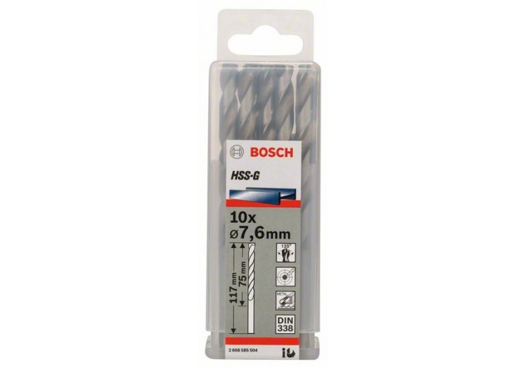 Forets à métaux rectifiés HSS-G, DIN 338 7,6 x 75 x 117 mm Pack de 10 - 2608585504 - Bosch