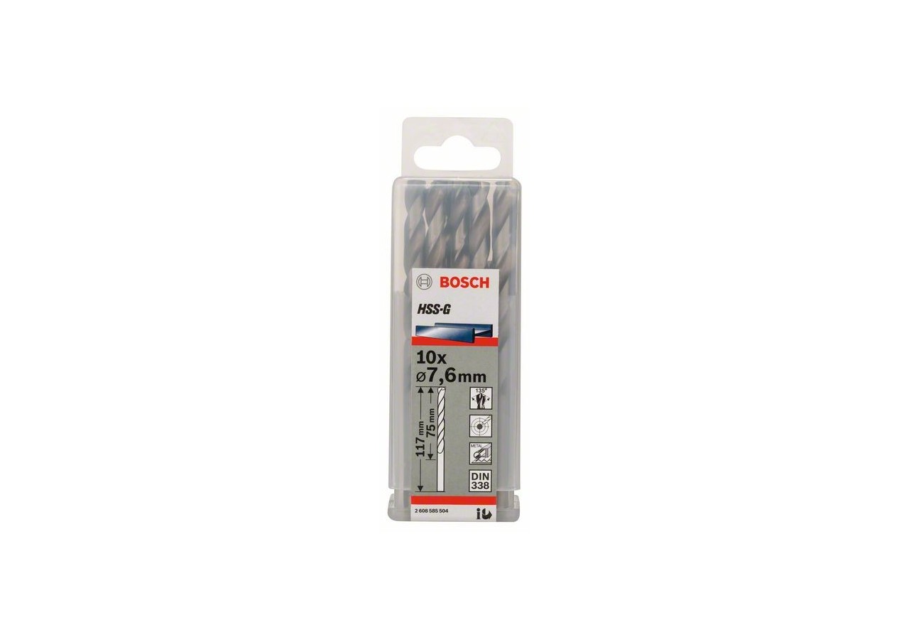 Forets à métaux rectifiés HSS-G, DIN 338 7,6 x 75 x 117 mm Pack de 10 - 2608585504 - Bosch