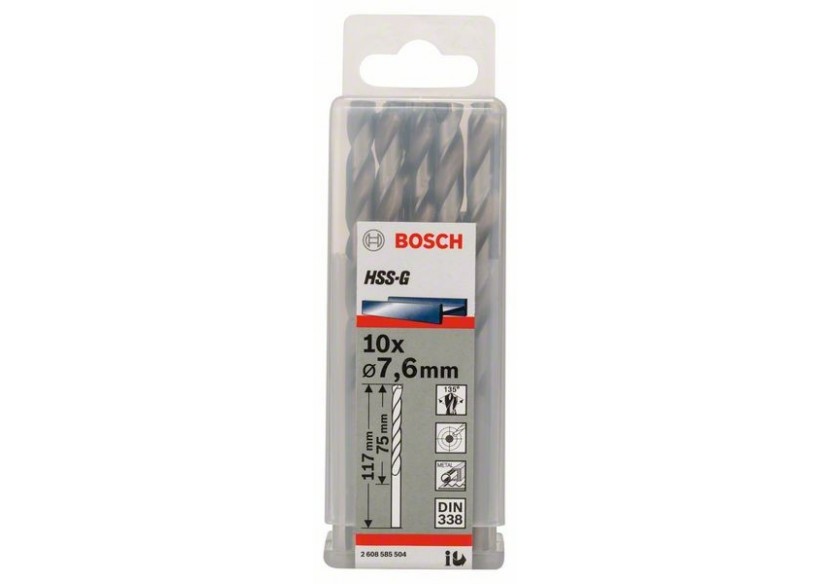 Forets à métaux rectifiés HSS-G, DIN 338 7,6 x 75 x 117 mm Pack de 10 - 2608585504 - Bosch Forets à métaux rectifiés HSS-G, DIN 338 7,6 x 75 x 117 mm Pack de 10 - 2608585504 - Bosch
