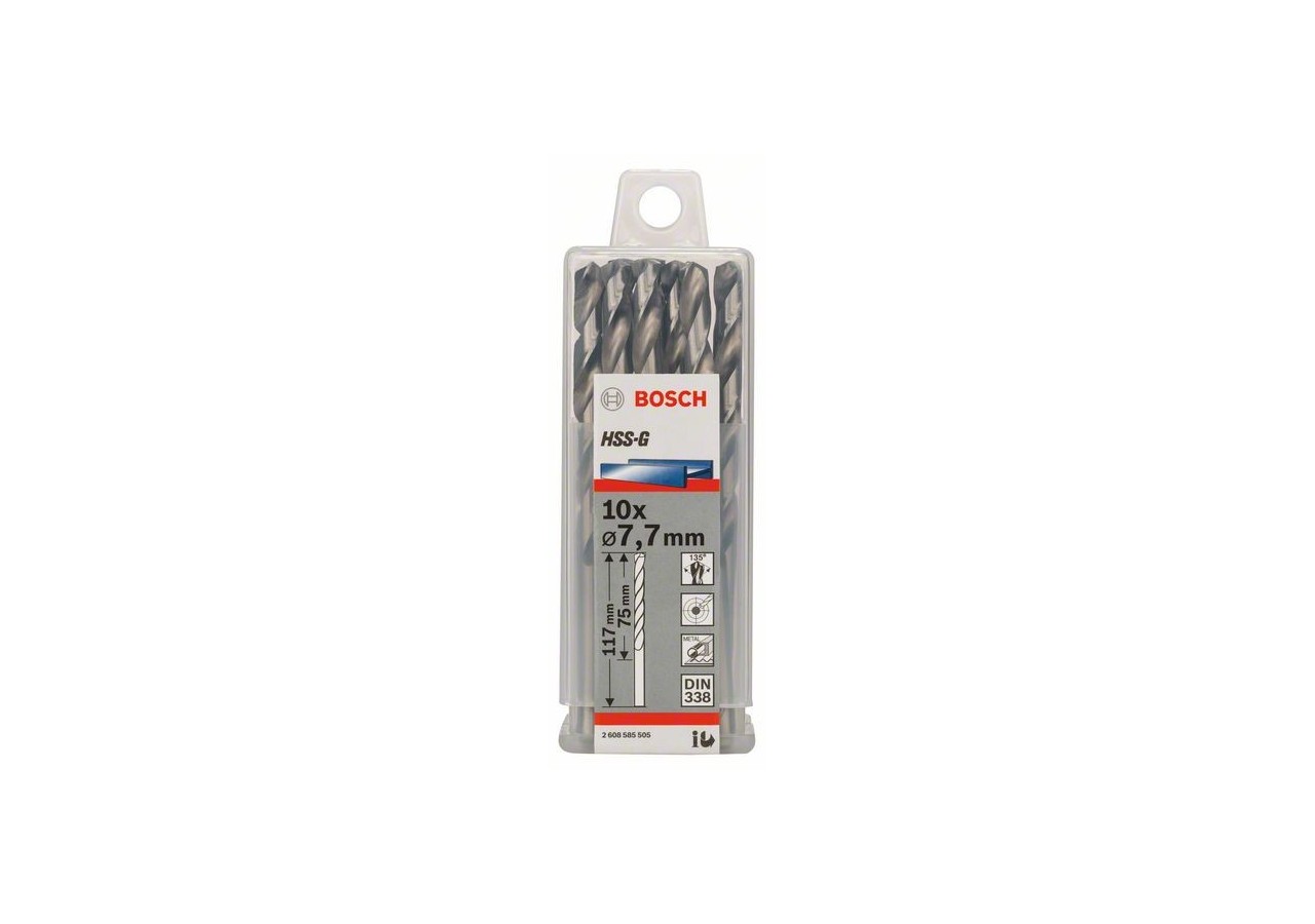 Forets à métaux rectifiés HSS-G, DIN 338 7,7 x 75 x 117 mm Pack de 10 - 2608585505 - Bosch