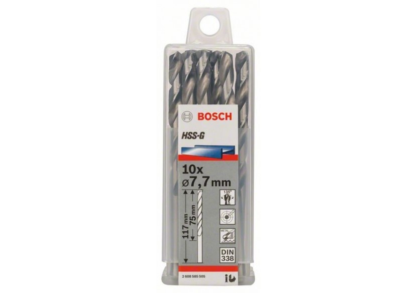 Forets à métaux rectifiés HSS-G, DIN 338 7,7 x 75 x 117 mm Pack de 10 - 2608585505 - Bosch Forets à métaux rectifiés HSS-G, DIN 338 7,7 x 75 x 117 mm Pack de 10 - 2608585505 - Bosch